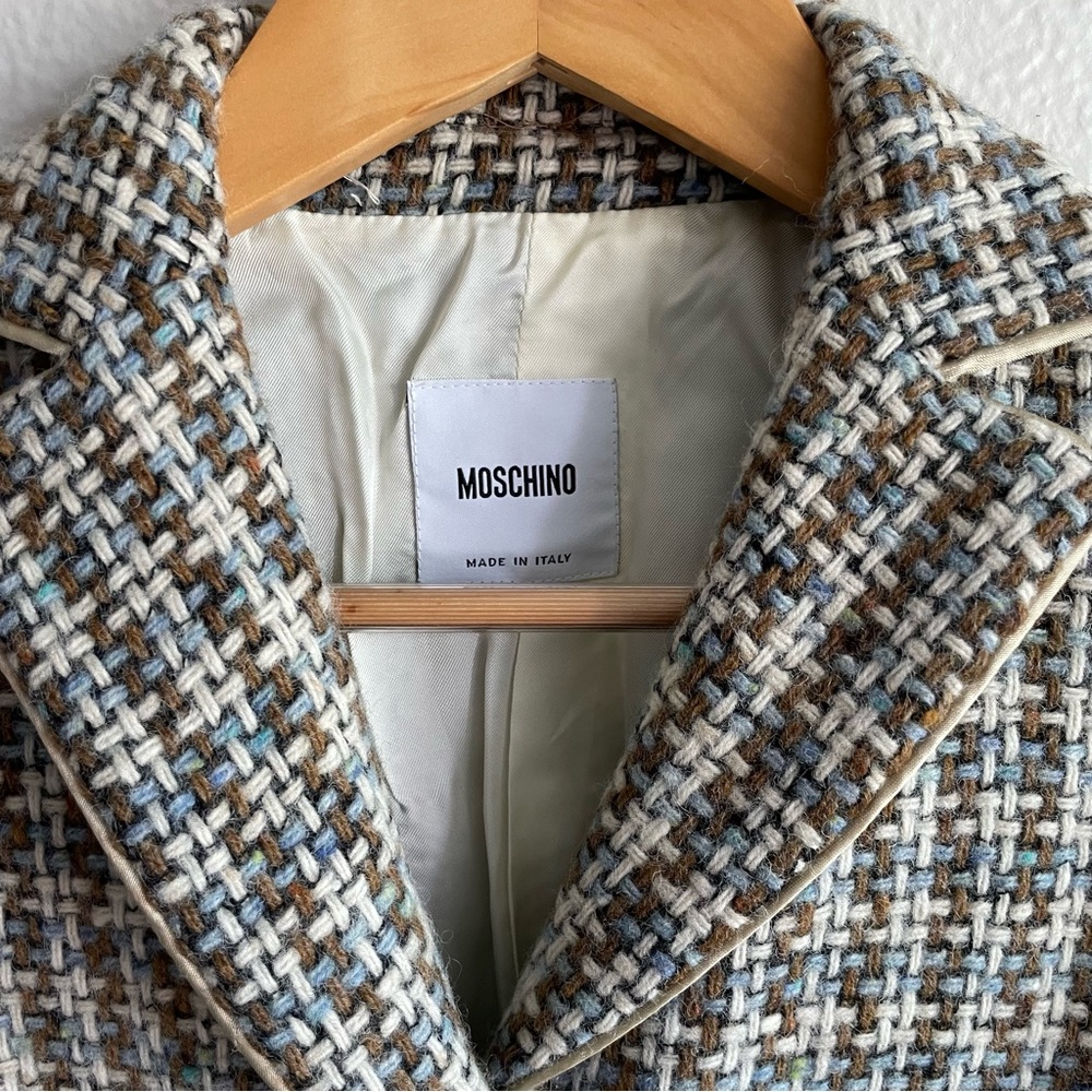 Moschino Woven Blazer in Blue, Brown, and Cream